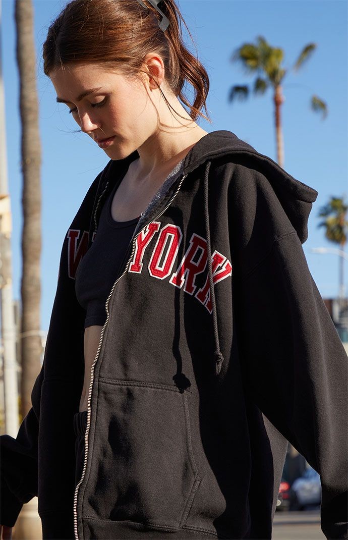 Exclusive New York Embroidery Zipper Hooded For Women - Clothing Apparels