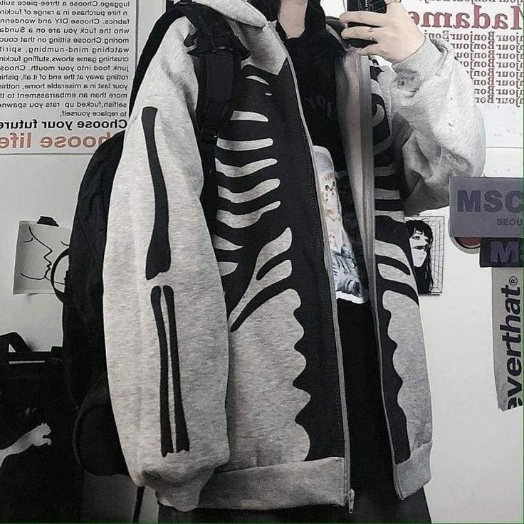 Aesthetic Y2k Skeleton Printed Korean Style oversize Zipper