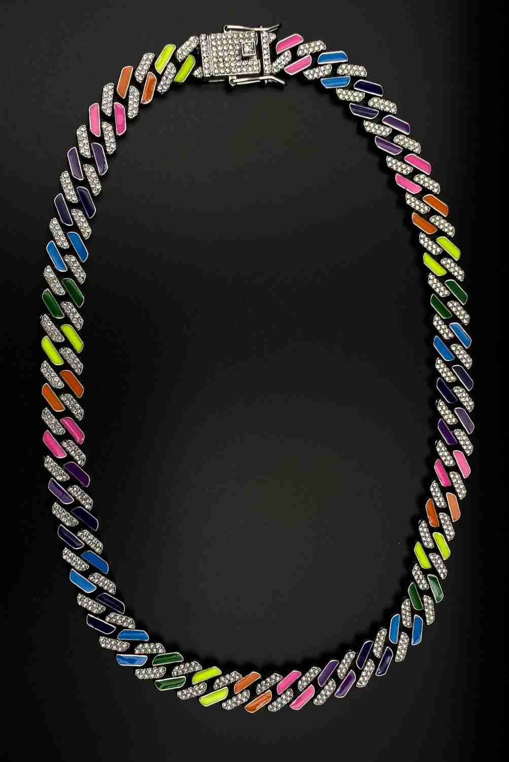 Rainbow Multi Colour Ice Out Diamond Cuban Link Chain Necklace Hip Hop Fashion Accessories