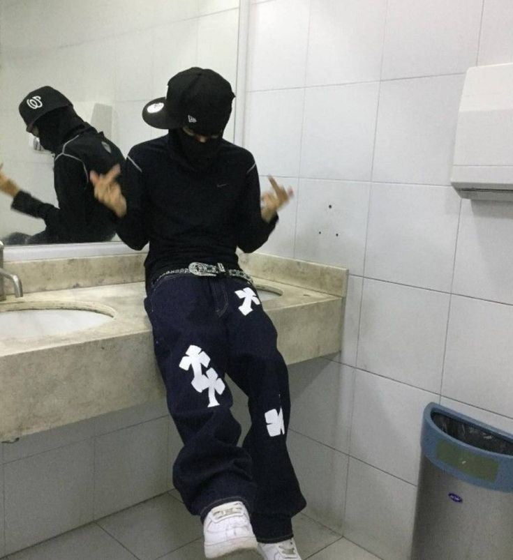 Vintage Cross Print Baggy Straight Fit Wide Leg Relaxed Black Denim Jeans