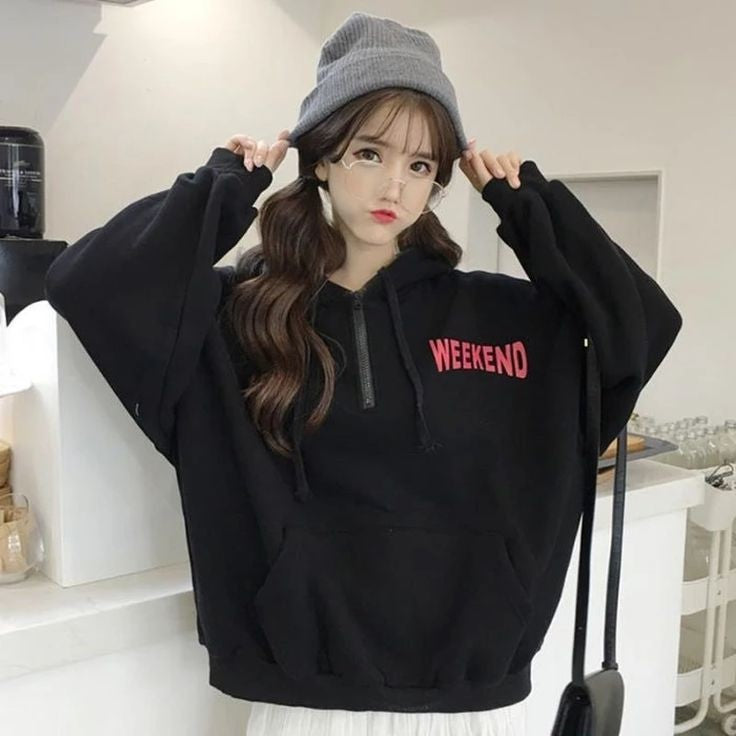 Vintage Weekend Printed Kawaii Y2K Fashion Style Oversized Half Zip Hooded Sweatshirt For Women Clothing Fashion