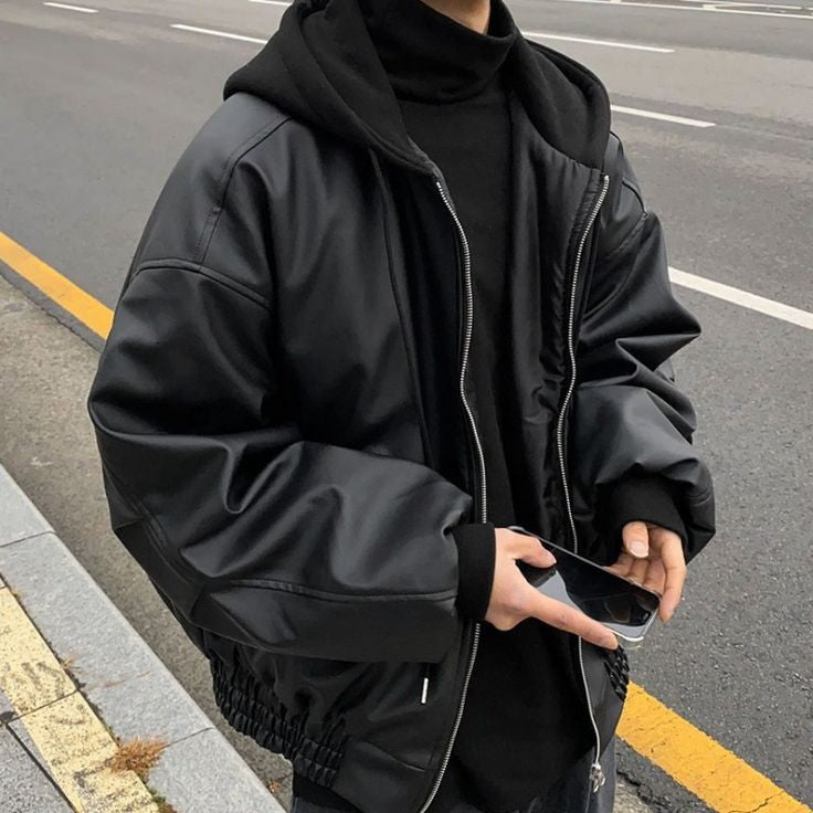 "Baggy Winter Black Vegan Leather Oversized Retro Style Hoodie Zipper For Mens."