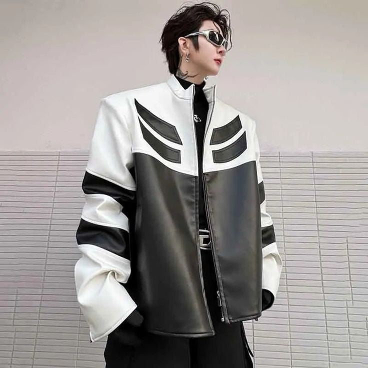 Menswear Classic High Street Retro Style Streetwear Korean Fashion Zip Collar Black & White Vegan Leather Jacket For Men's