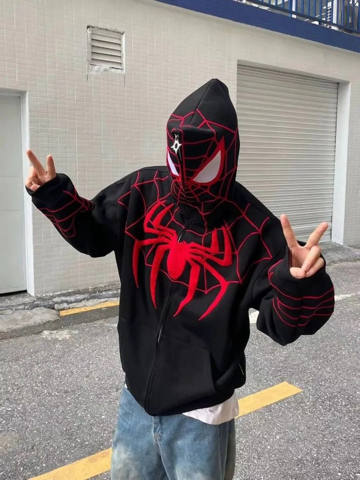 Black Spiderman full zip-up hoodie with front Spiderman logo, unisex design, comfortable for casual wear.
