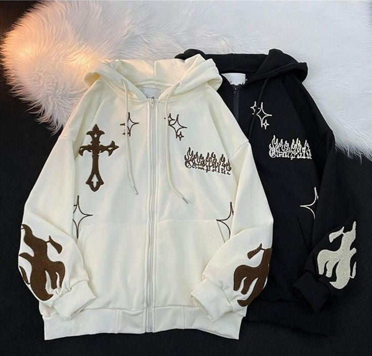 Aesthetic Y2k Vintage Cross Embroidery design Zip Up Hoodie