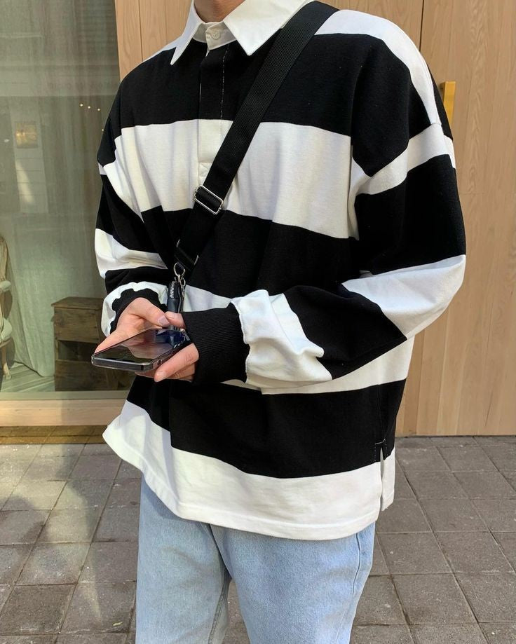 Korean Style Fashion Mens Collar Striped Casual Fashion Loose Sweatshirt For Mens