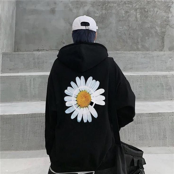 Buy Black Relaxed Fit Daisy Flower Print Oversized Fashion Streetwear Style Premium Hoodie For Mens Online Clothing store