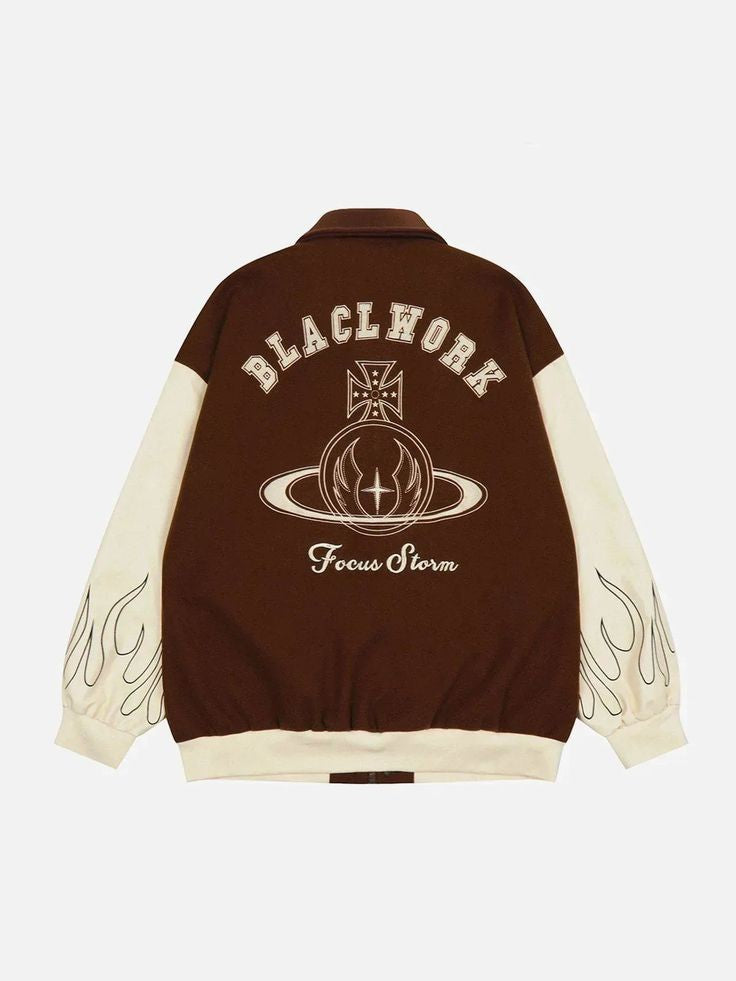 Flame Polo Collar Y2K Baseball Varsity Jacket For Mens