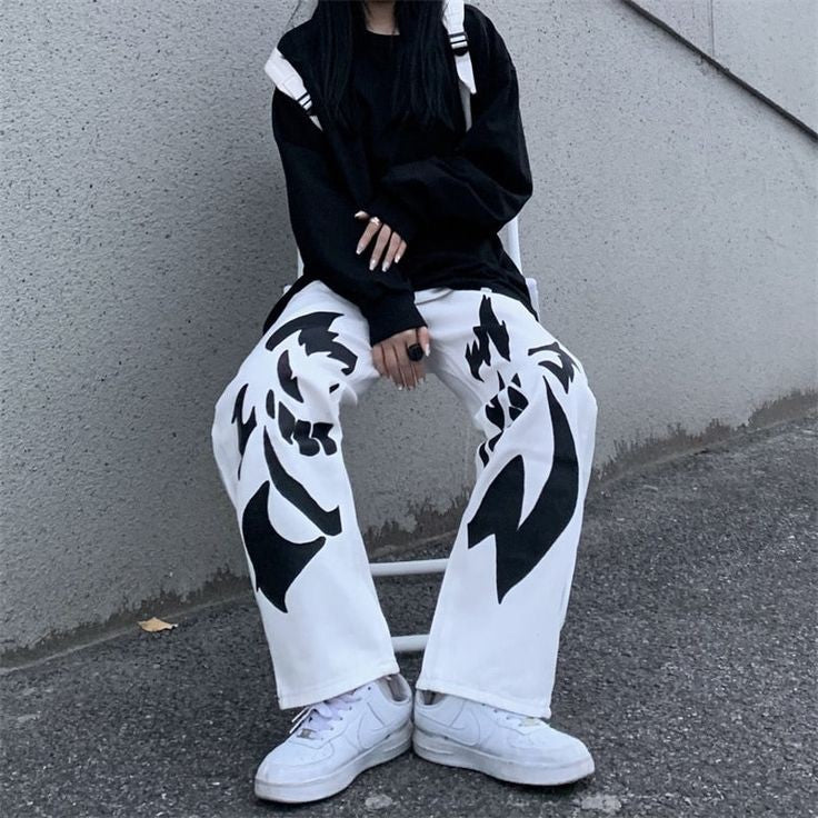 Vintage Y2K Ghost Ganger Printed Baggy Loose Straight Fit Wide Leg Streetwear Style White Denim Jeans For Men's