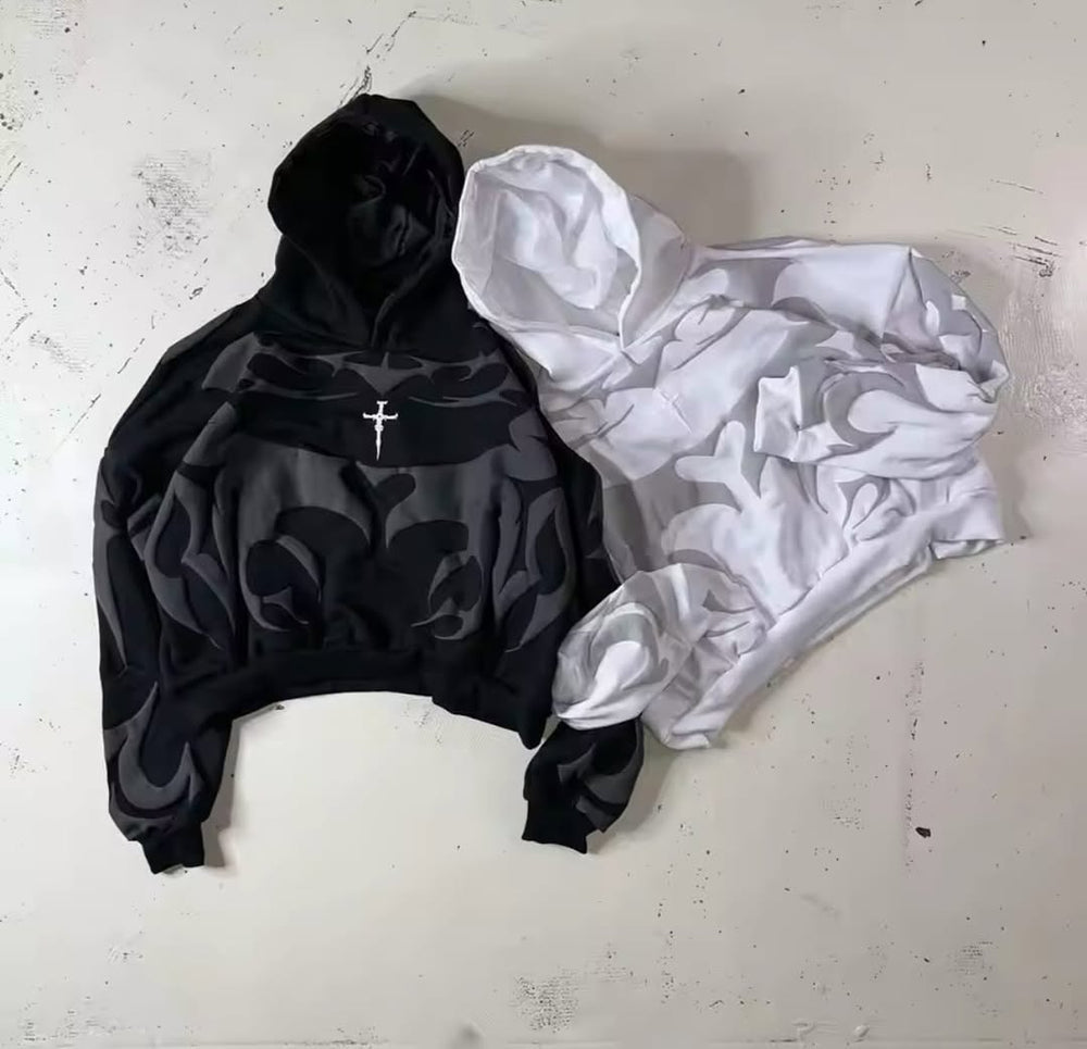 "Aesthetic Tribal Shadow Depth Puff Print Y2K Streetwear Style Fashion | Gothic Oversized Unisex Hoodie."