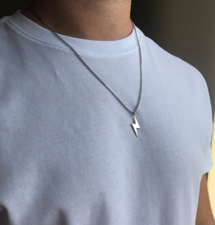 Classic Silver stainless Steel Lightning Bolt Pendant Necklace Chain For Men's Accessories