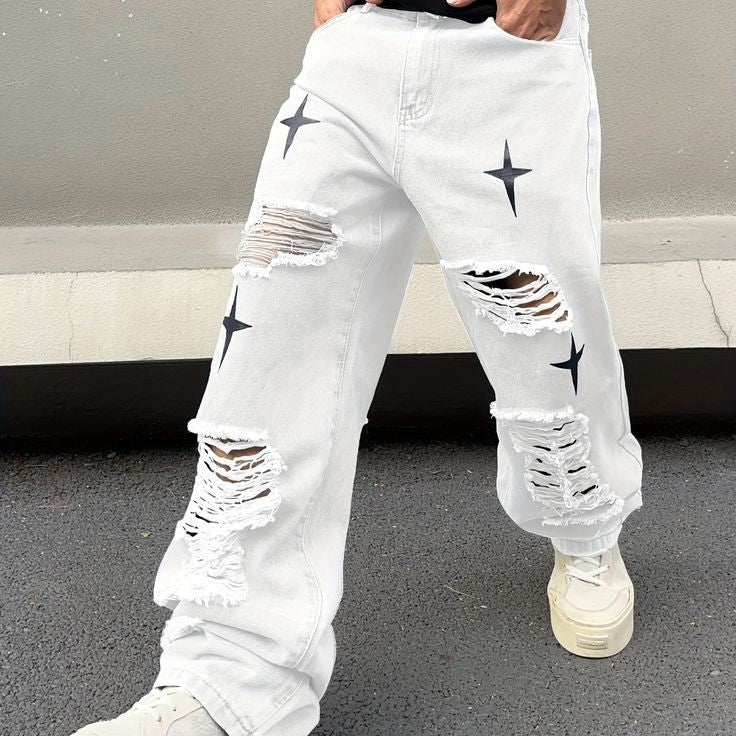 White Ripped Star Baggy Print Y2K Fashion Style Hip Hop Baggy Wide Leg Jeans