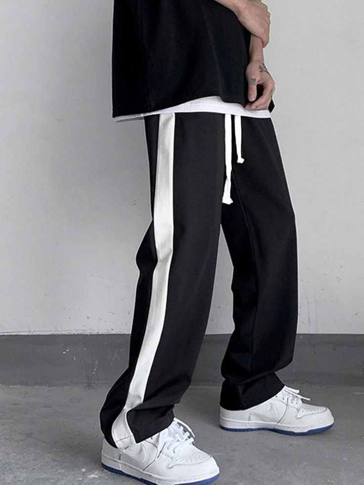 Korean Fashion Streetwear Baggy Straight Fit Wide Leg Side Strip Sweat Joggers Pant