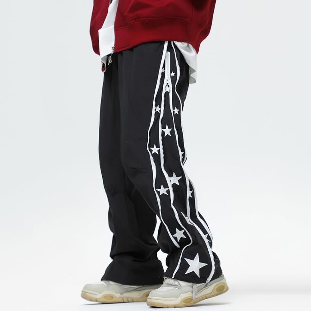 Side View Men's Y2K Star Print Double Zip Streetwear Hip Hop Baggy Straight Relaxed Fit Joggers Pant