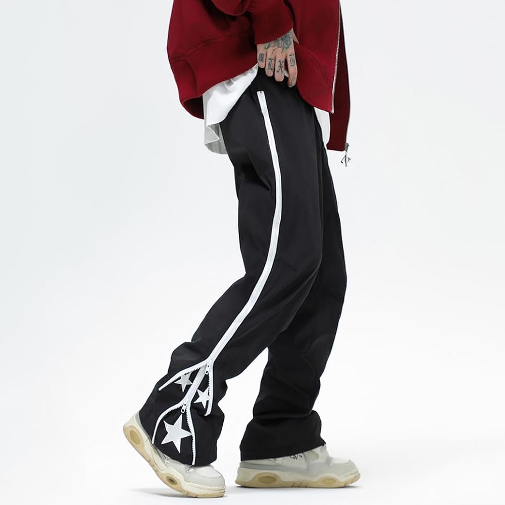 Men's Y2K Star Print Double Zip Streetwear Hip Hop Baggy Straight Relaxed Fit Joggers Pant