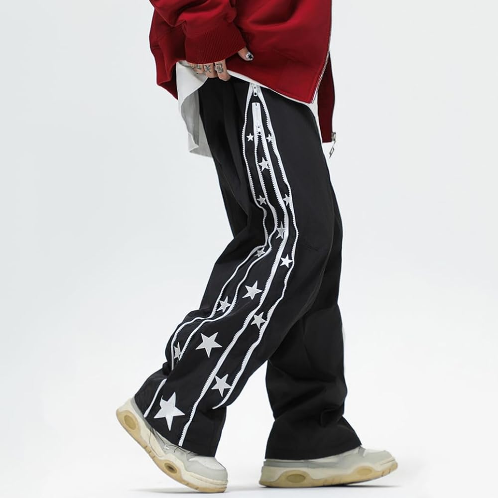 Men's Y2K Star Print Double Zip Streetwear Hip Hop Baggy Straight Relaxed Fit Joggers Pant