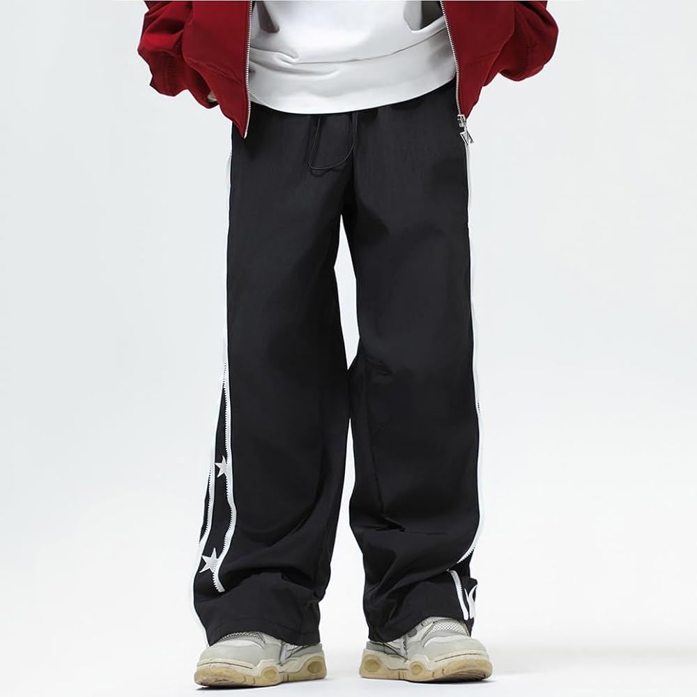 Front View Men's Y2K Star Print Double Zip Streetwear Hip Hop Baggy Straight Relaxed Fit Joggers Pant