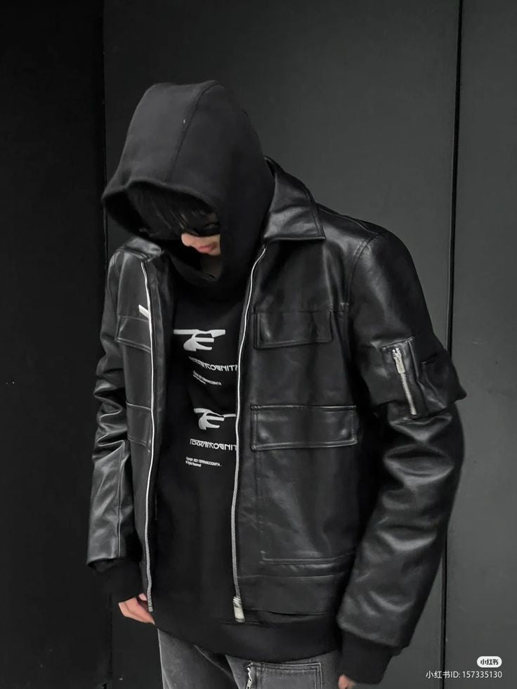 "Vintage Celebrity Style Black Oversized Vegan Leather Pocket Retro Biker Jacket For Mens."