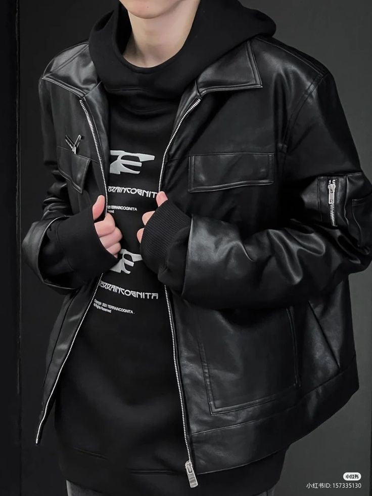 Vintage Celebrity Style Black Oversized Vegan Leather Pocket Retro Biker Jacket For Mens - shoppingfactory23