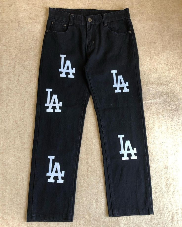 American Style LA Printed High Street Baggy Wide Leg Straight Fit Black Denim Jeans