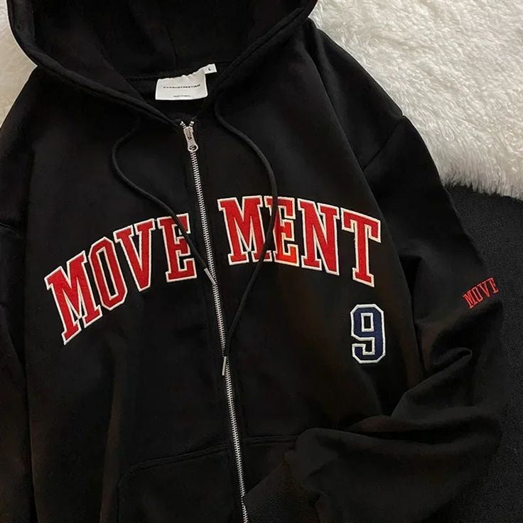 Vintage Y2K Aesthetic Embroidery Text Oversized Harajuku Zip Up Zipper Hooded - Clothing Outfit