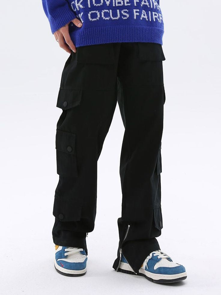 Vintage Black Cargo Pant Flap Pocket Bottom Zip Wide Leg Y2K Streetwear Utility Cargo Fashion For Mens