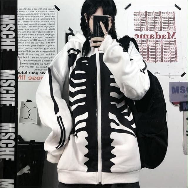 Aesthetic Y2k Skeleton Printed Korean Style oversize Zipper