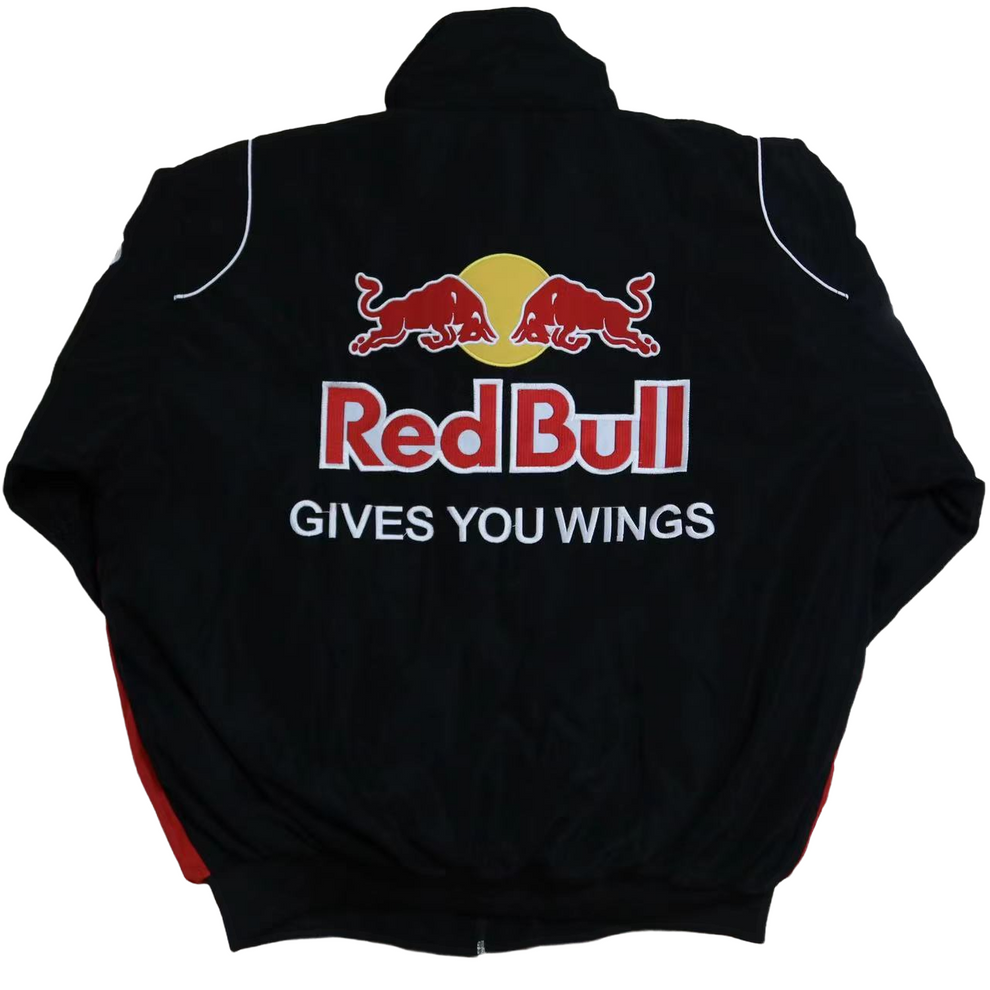 "Vintage Red Bull retro racing jacket featuring a striking design with bold logos and vibrant colors. The jacket has a zip-up front and a sporty silhouette, perfect for motorsport fans and daily wear."