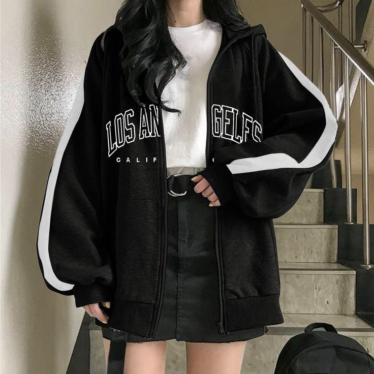 Women's Los Angeles California Print Side Strip Oversized Comfy Pullover Fleece Winter Wear Zipper
