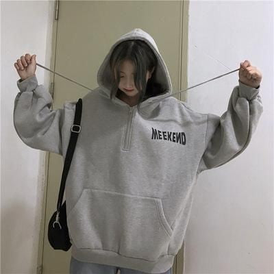 Vintage Weekend Printed Kawaii Y2K Fashion Style Oversized Half Zip Hooded Sweatshirt For Women Clothing Fashion