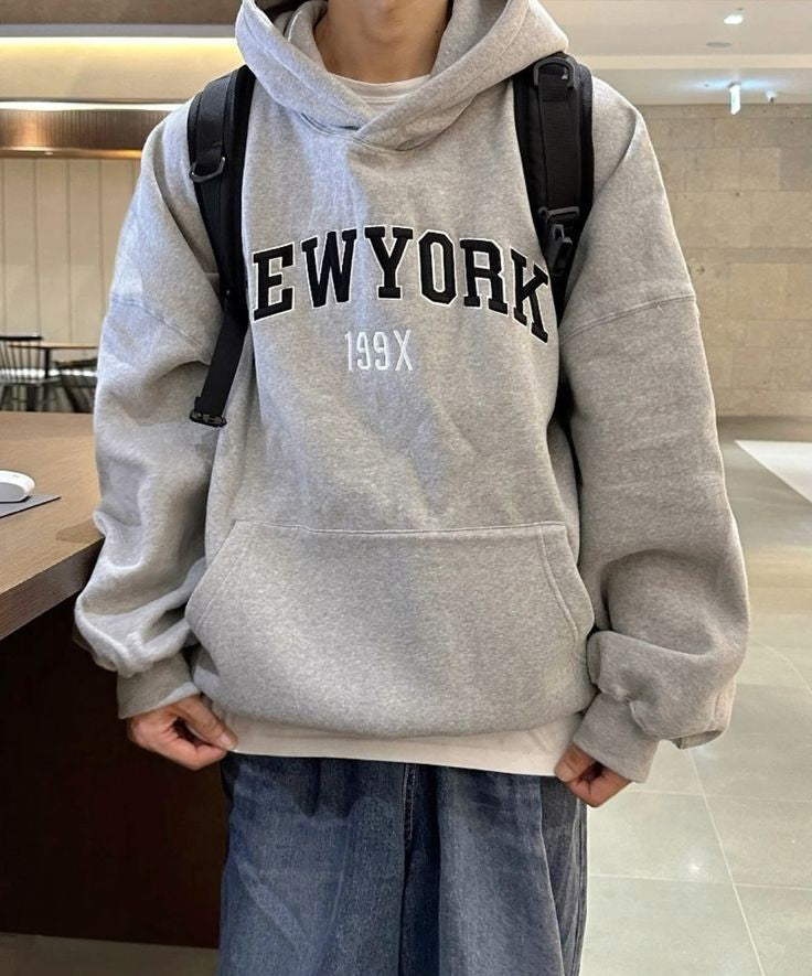 Buy Retro America Style New York Embroidery Work Grey Fleece Winter Wear Pullover Oversized Hoodie For Men's Online Clothing
