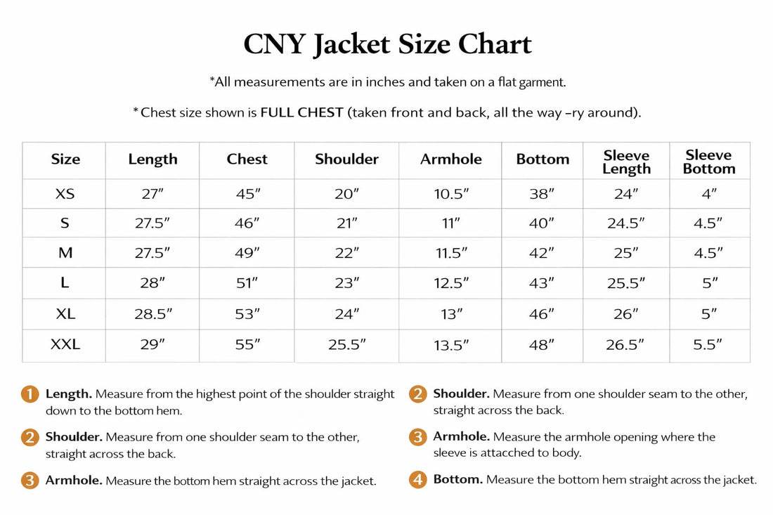 CNY Jacket Size Chart with measurements in inches