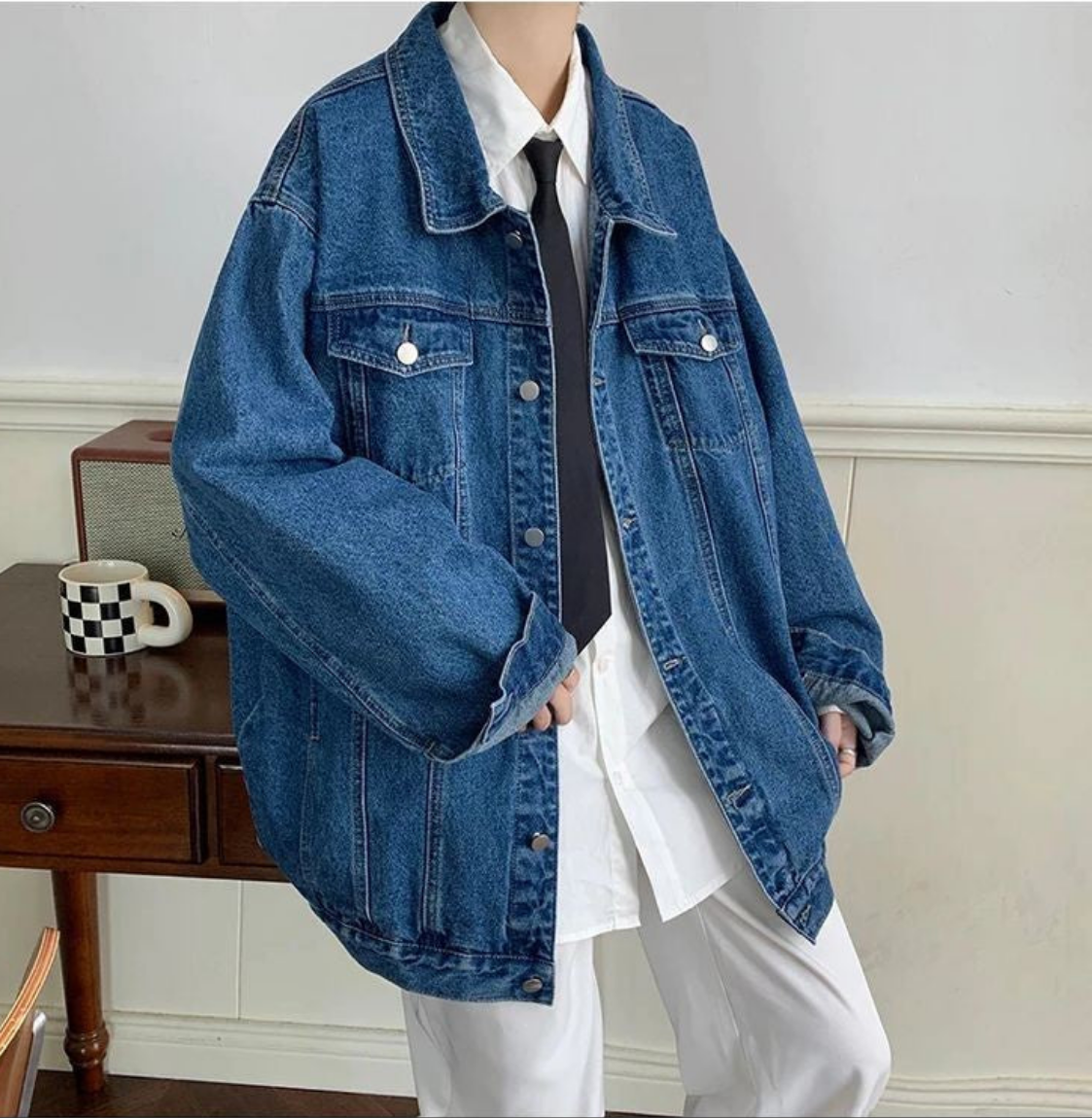 Men Flap Pocket Drop Shoulder Retro Denim Jacket Streetwear Korean Style Fashion Trend Denim Jacket