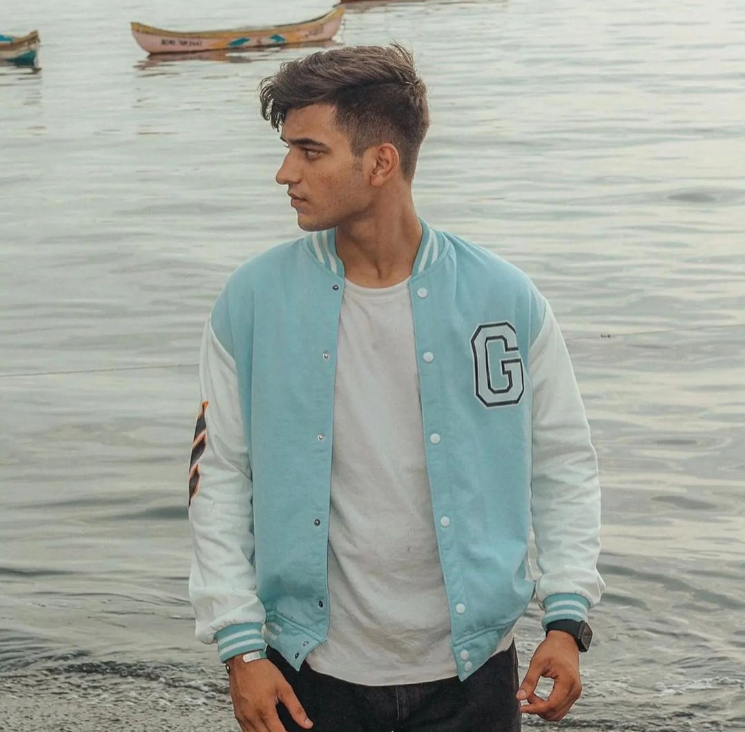 Sky Blue Printed Varsity Jacket