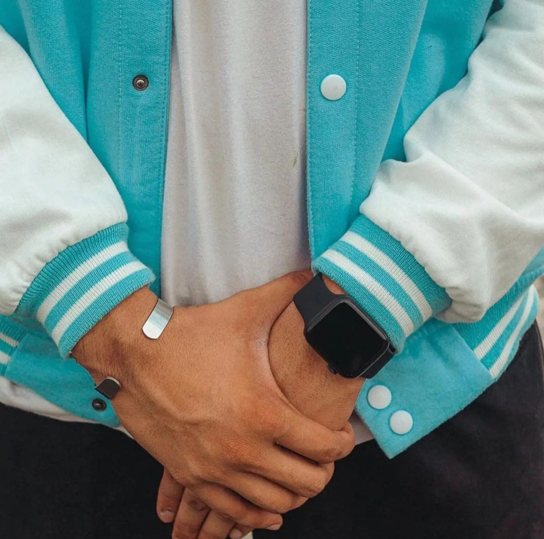 Sky Blue Printed Varsity Jacket