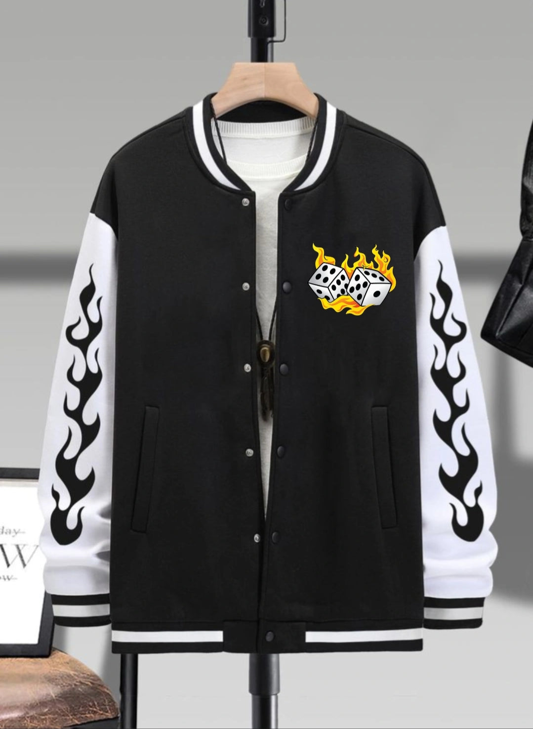Flame Sleeve Printed Varsity Jacket