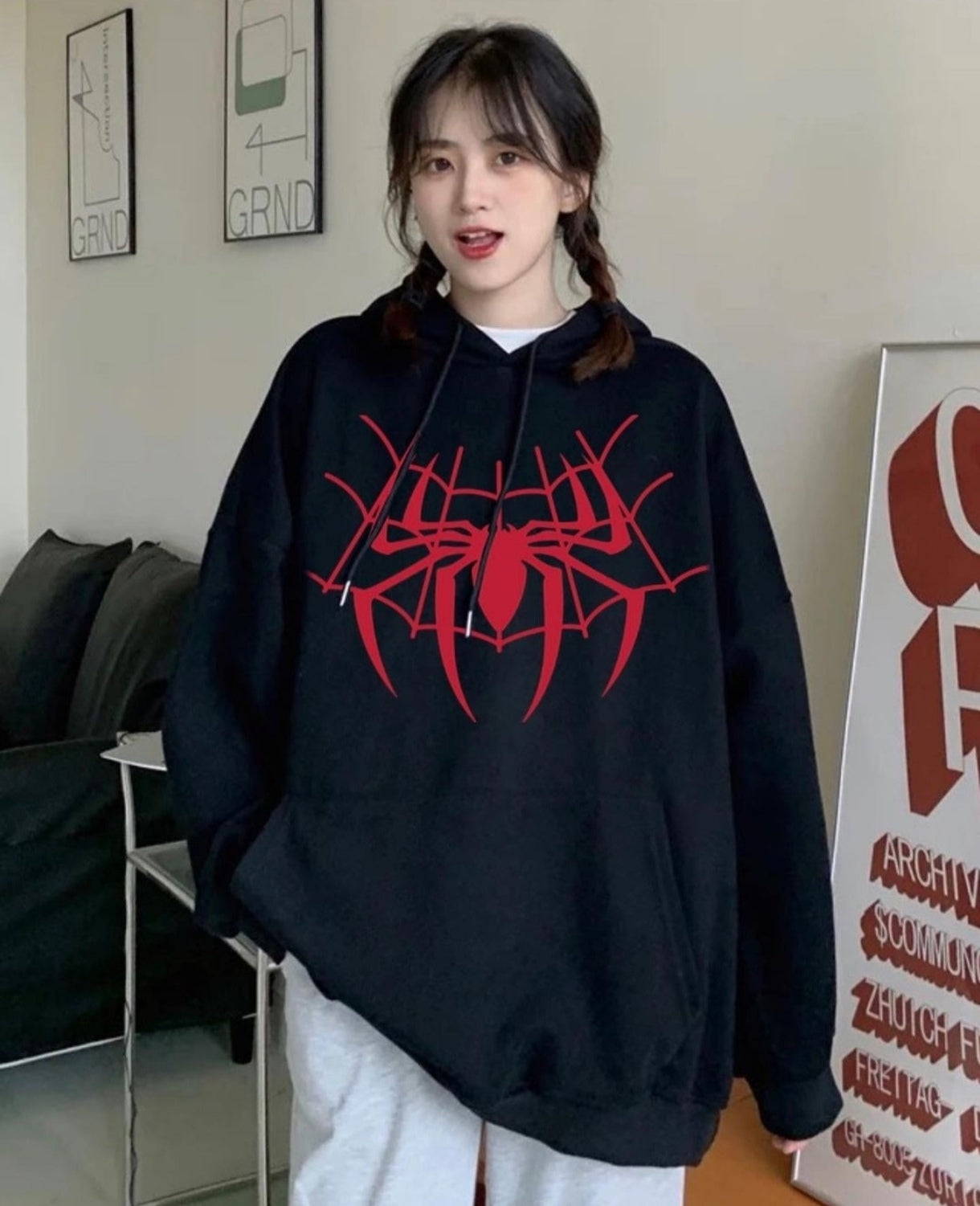 Spiderman web printed oversized full sleeve hoodie for women
