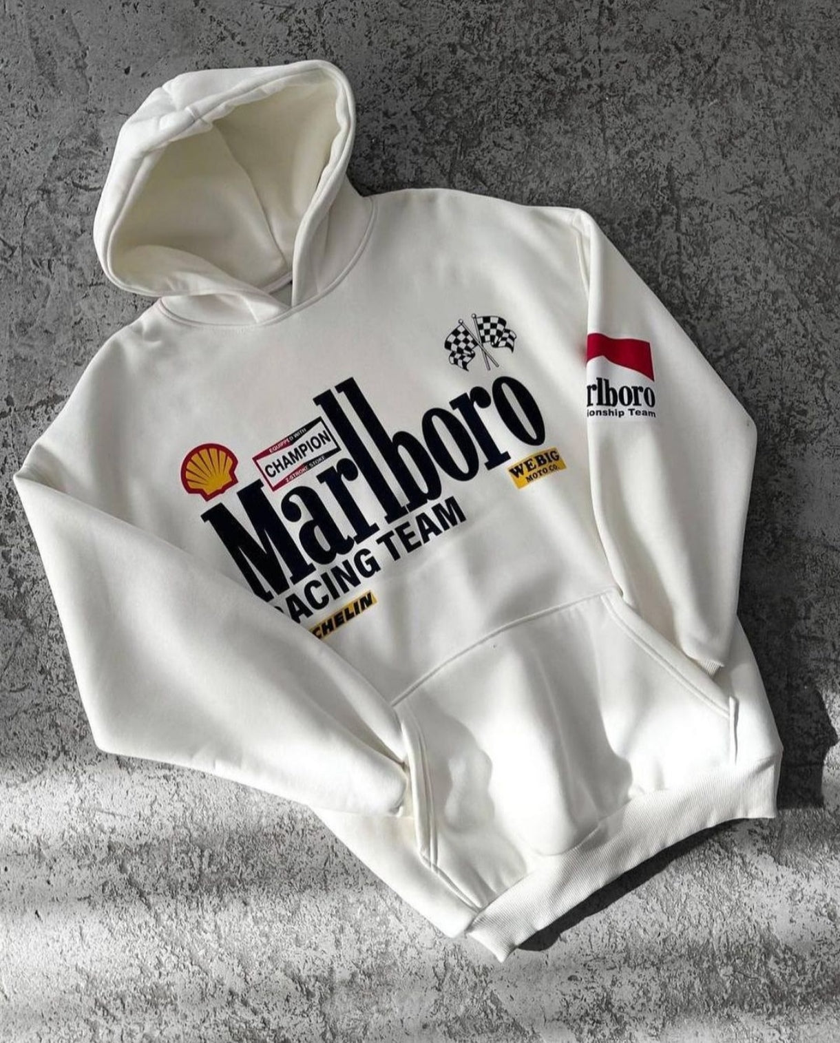 Marlboro Racing Printed Oversized Drop Shoulder Casual Pullover Hoodie For Mens