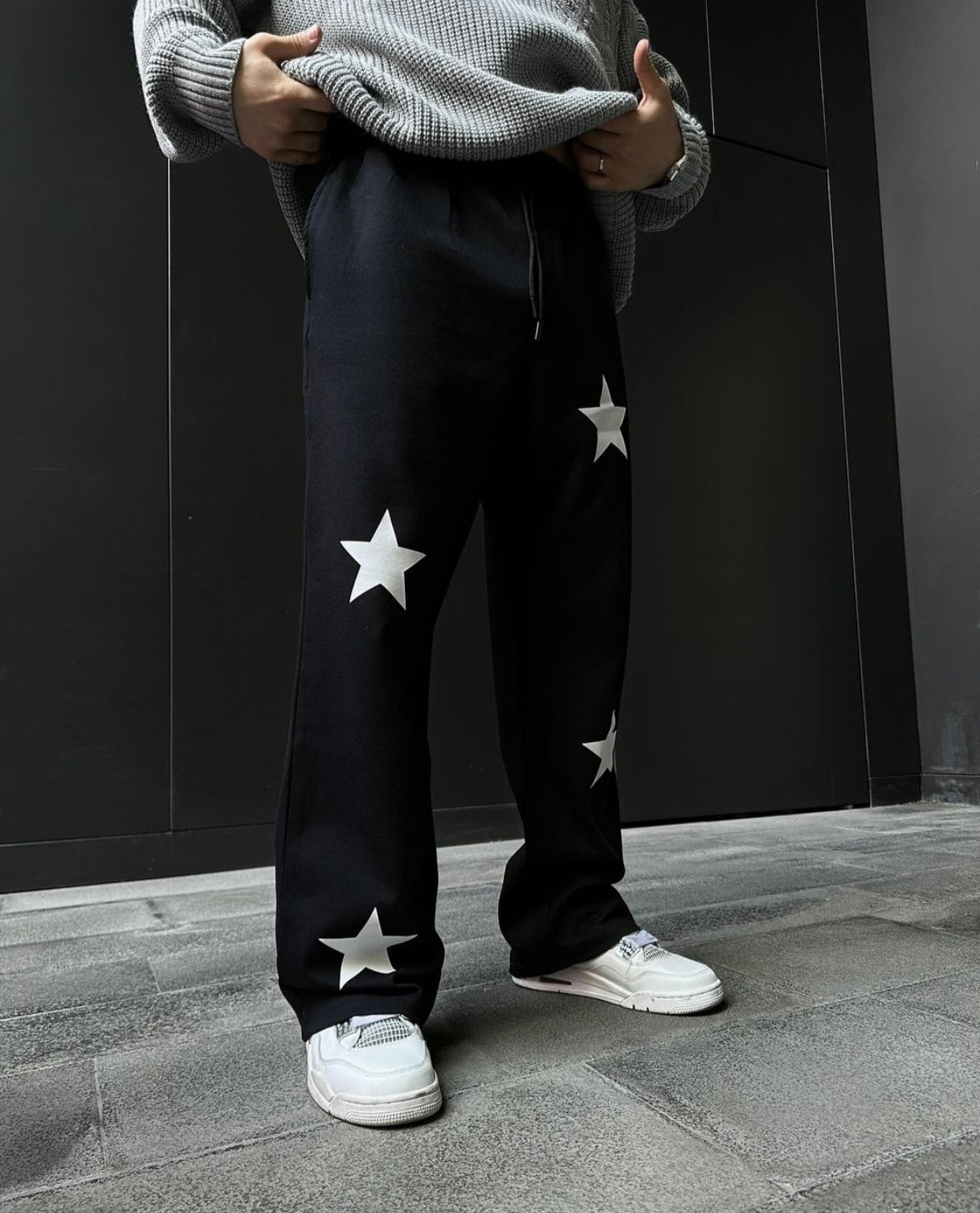 Urban Vintage Star Print Baggy Straight Fit Wide Leg Streetwear Black Denim Jeans