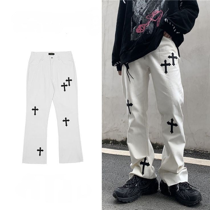 Mens Aesthetic Cross Print High Street Hip Hop Fashion With Tone Straight Fit Baggy White Denim Jeans