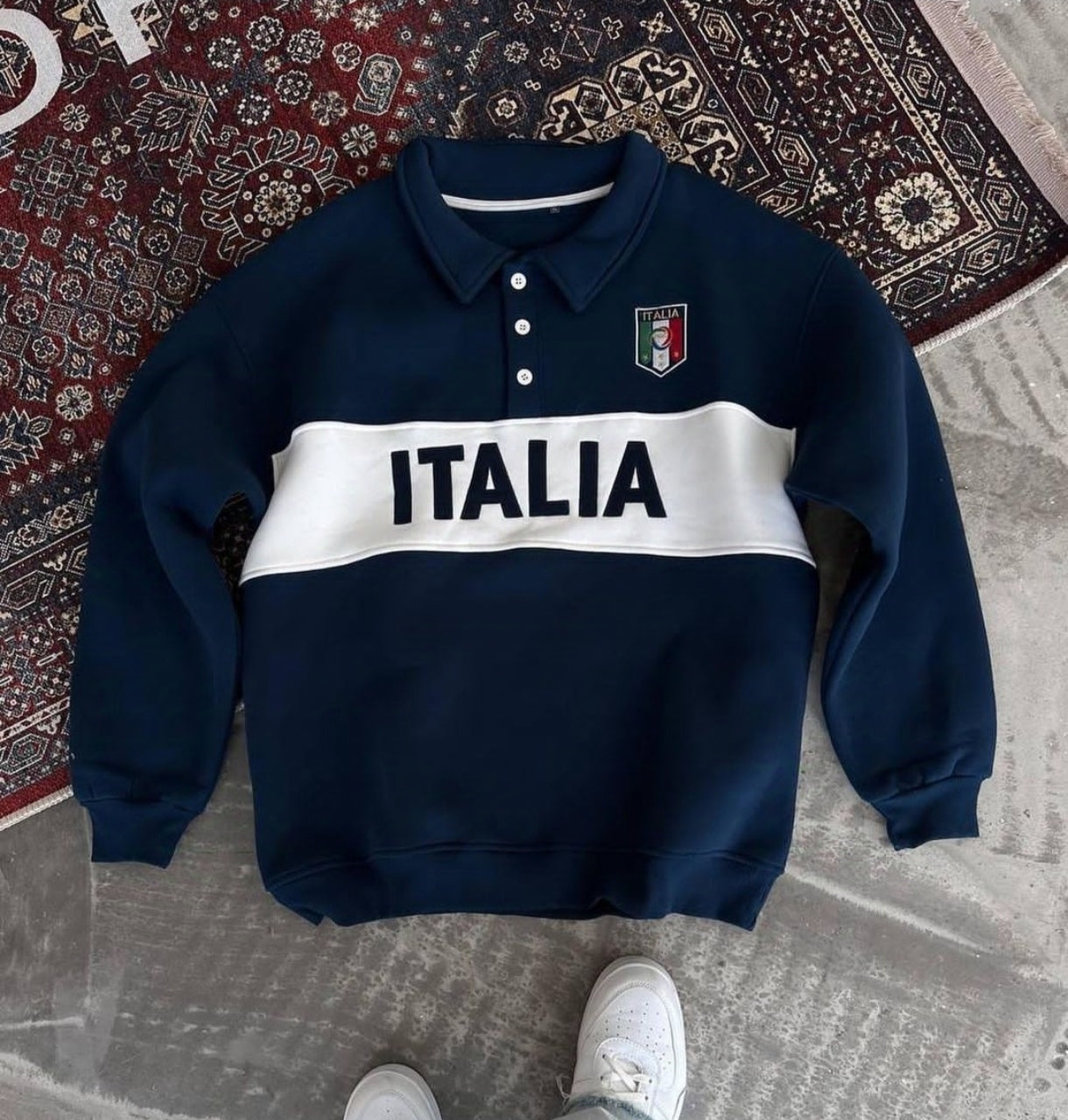 Italian Printed Fleece Polo Neck Sweatshirt For Mens Fashion