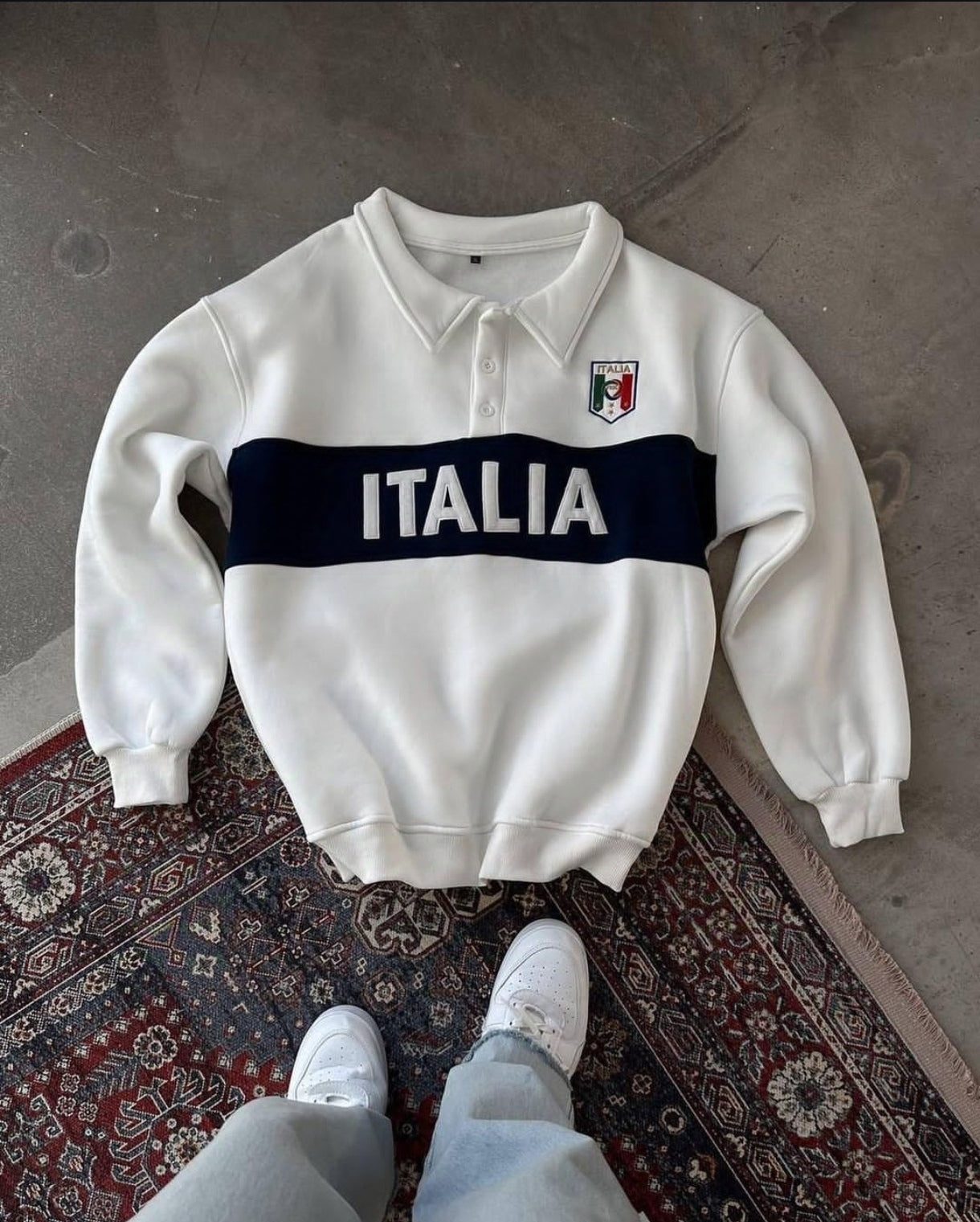Italian Printed Fleece Polo Neck Sweatshirt For Mens Fashion