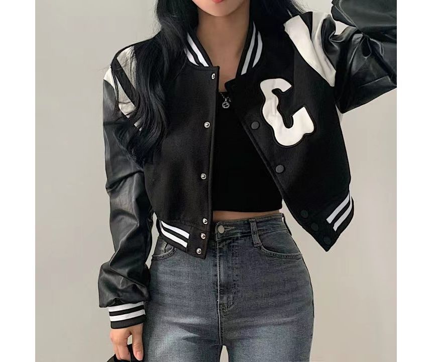Korean Style Fashion Leather Sleeve Baseball Varsity Jacket For Women Clothing Apparels