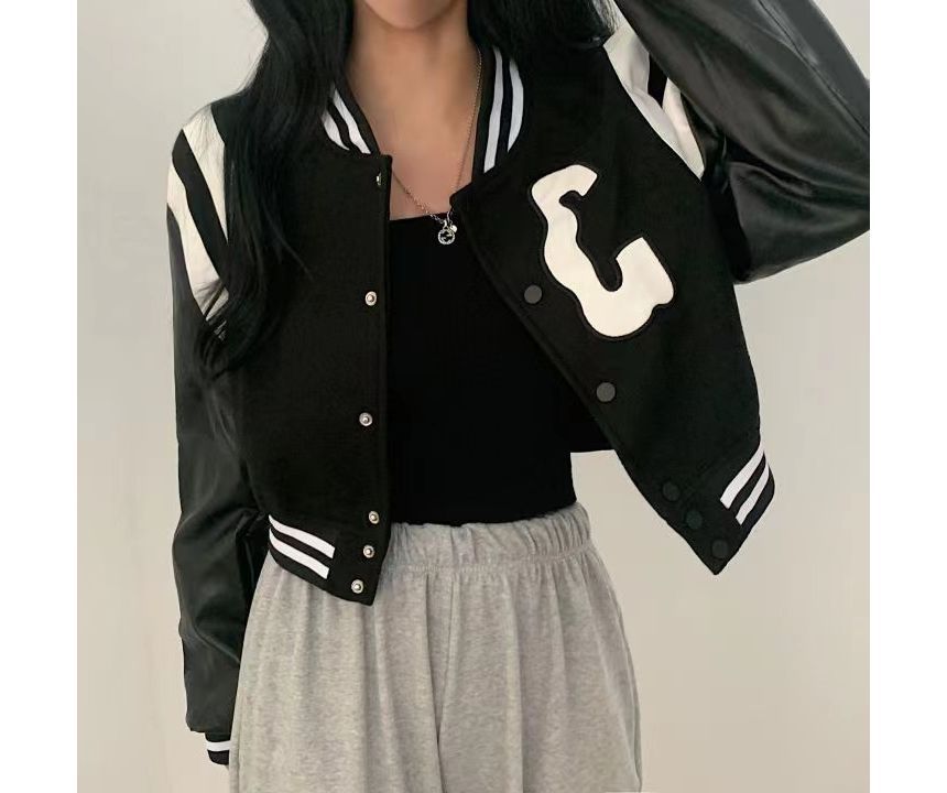 Korean Style Fashion Leather Sleeve Baseball Varsity Jacket For Women Clothing Apparels