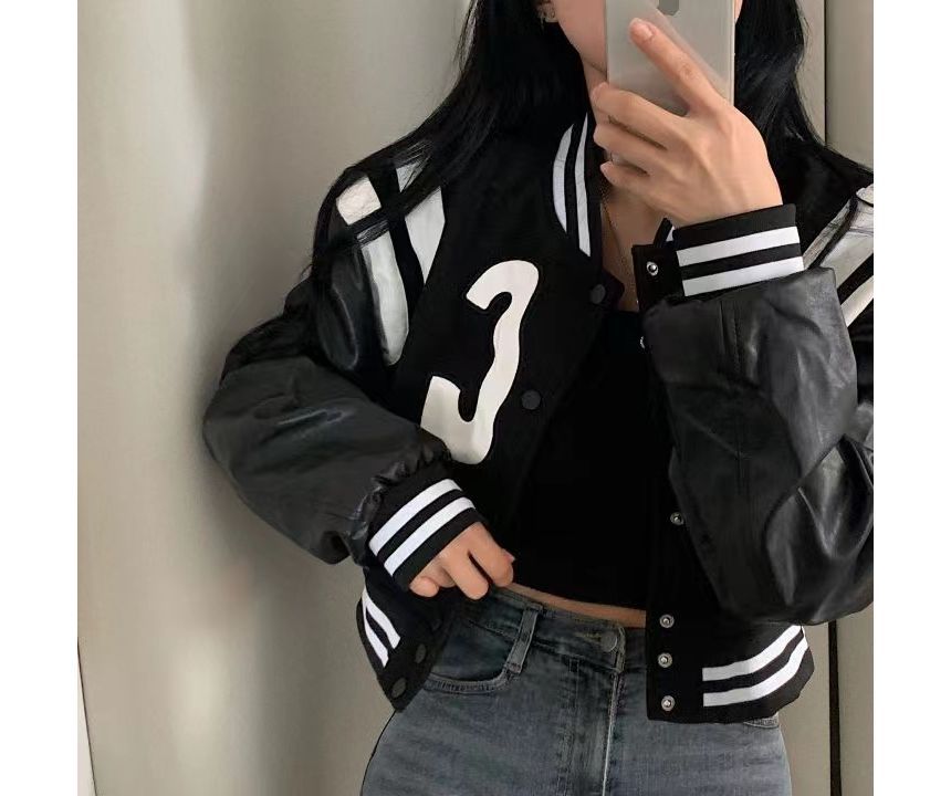 Korean Style Fashion Leather Sleeve Baseball Varsity Jacket For Women Clothing Apparels