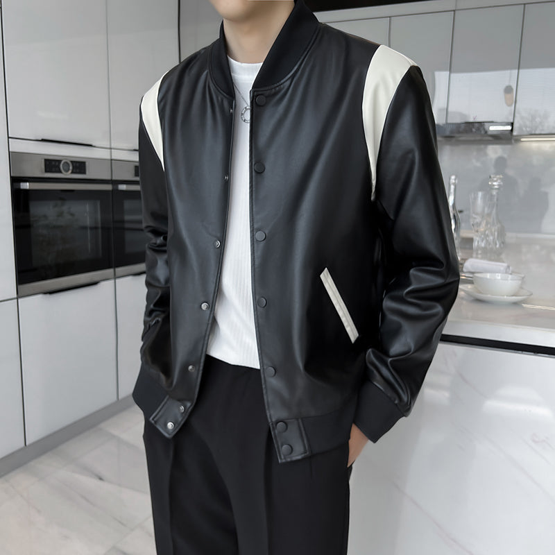 Classic Korean Fashion Style Black and White Bomber Vegan Leather Jacket For Men's
