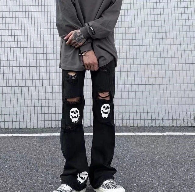 Vintage Y2K Harajuku Ripped Hole Skull Print Straight Fit Baggy Black Denim Jeans For Mens