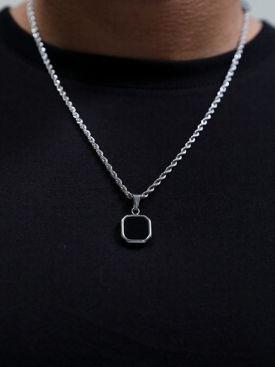 Sterling Stainless Steel Silver Black Square Onyx Pendant Chain Necklace