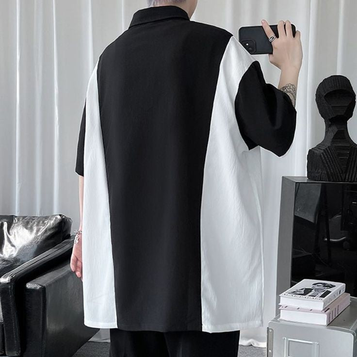 Vintage Korean Fashion Patchwork Contrast Lapel Collar Loose Casual Short Sleeve T-shirt For Mens