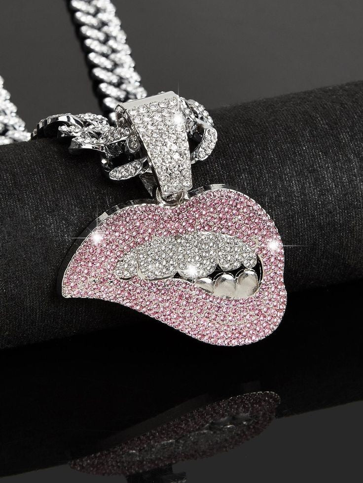 Men's Hip Hop Sexy Ice Out Pink Lips Pendant Cuban Link Chain Necklace